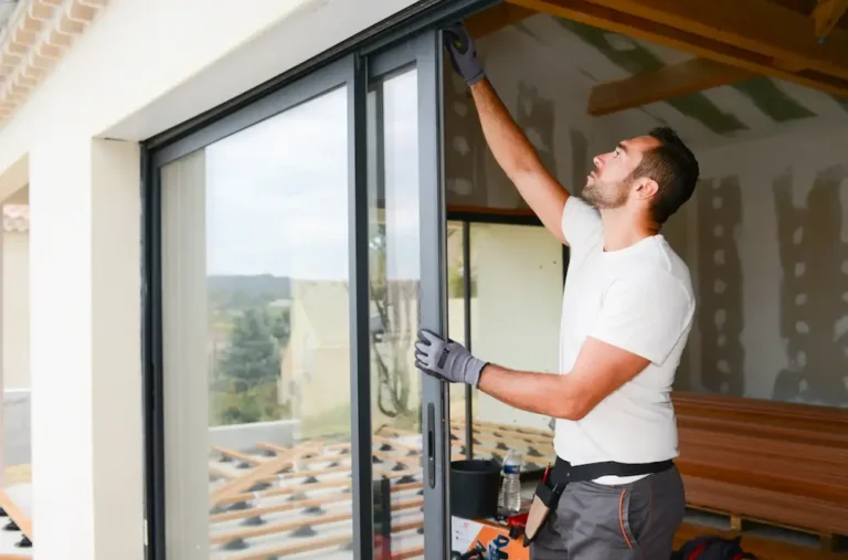 Installateur en train de poser une porte patio